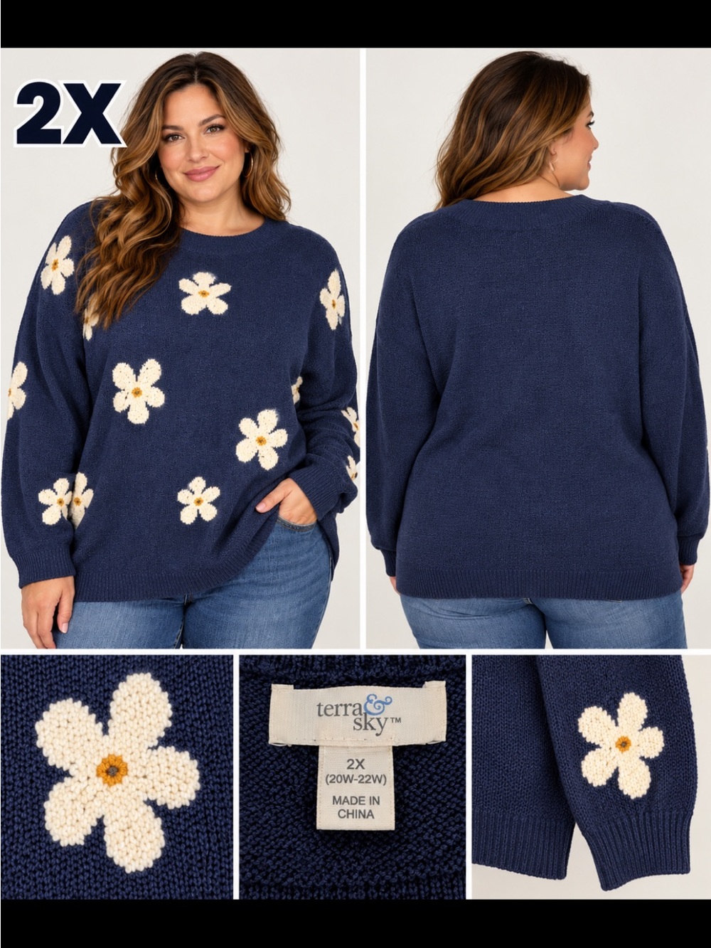 Terra & Sky Navy Blue Crewneck Sweater with White Daisy Accents Size 2X